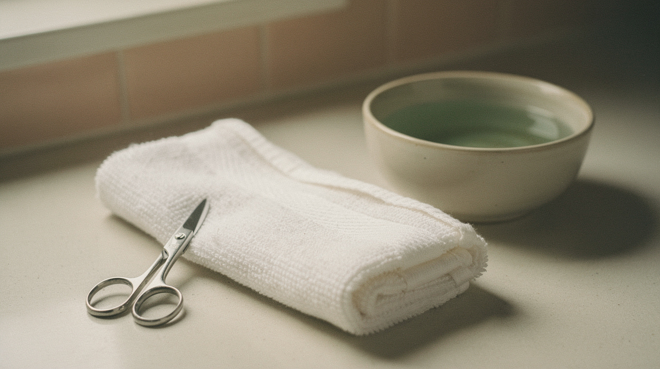 A soft white cotton washcloth folded beside a small ceramic bowl of warm water and a pair of tiny baby nail scissors on a bathroom counter, in soft morning light