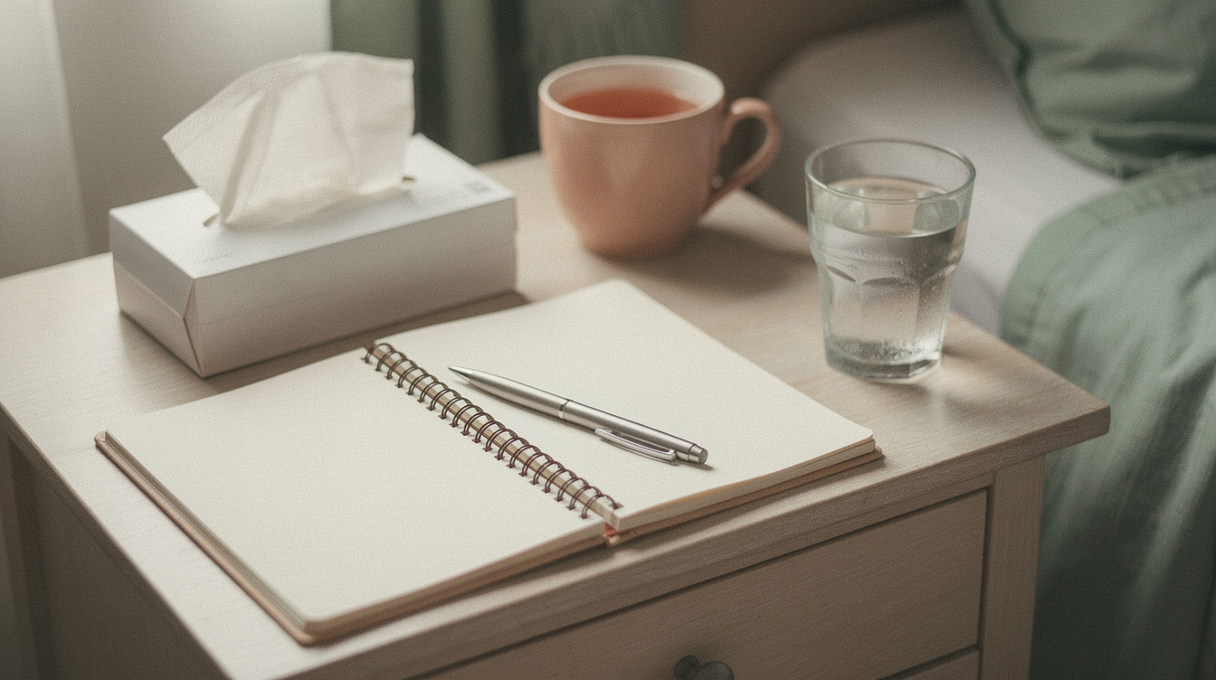 A box of tissues and an open spiral-bound journal with a pen laid across the pages, alongside a warm cup of tea and a glass of water on a pale wooden nightstand, in soft natural light