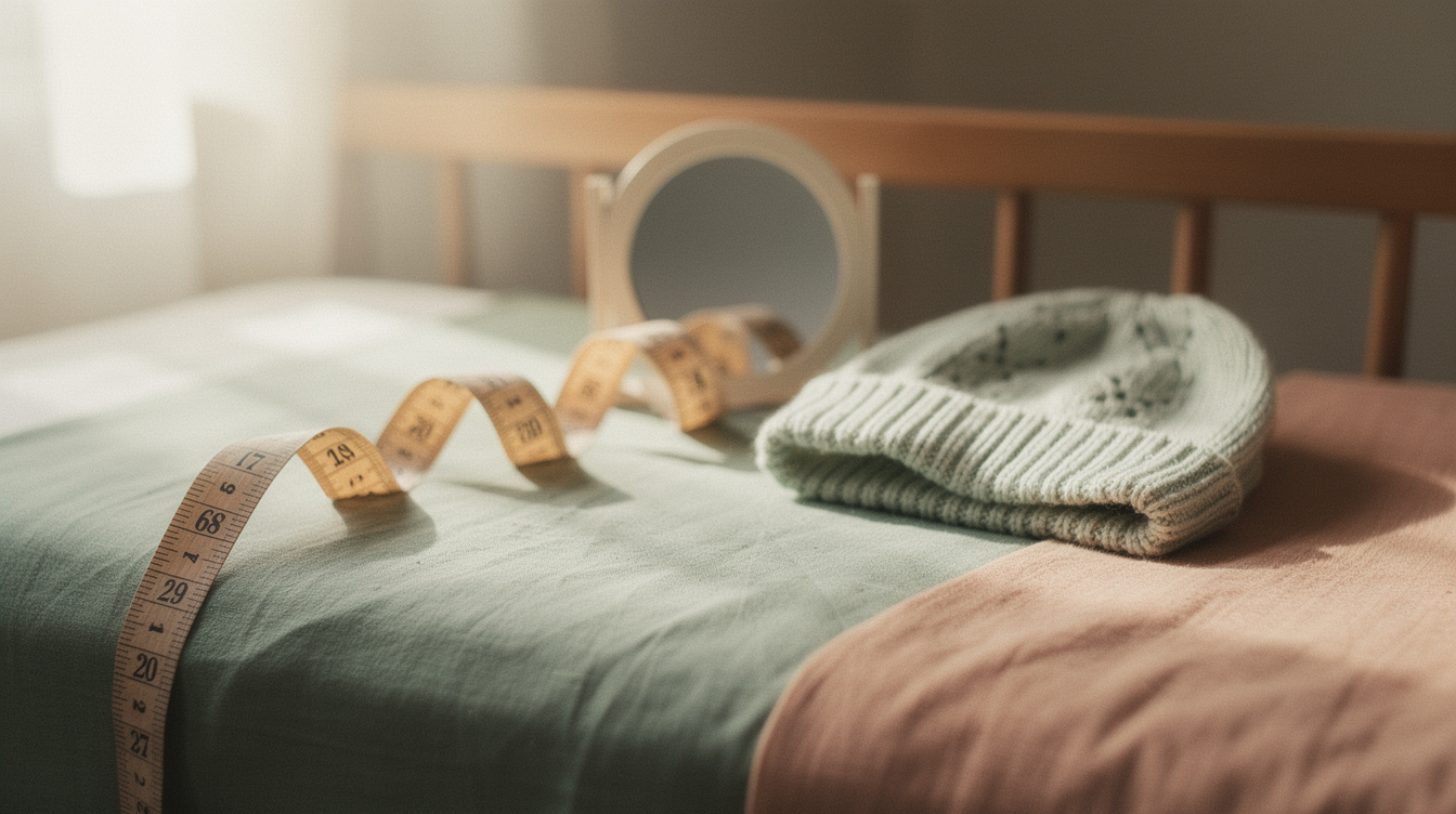 A flexible cloth measuring tape uncoiled across a firm crib mattress beside a small round baby-safe mirror and a knit newborn cap, with the crib's slatted rail just behind, in soft morning light