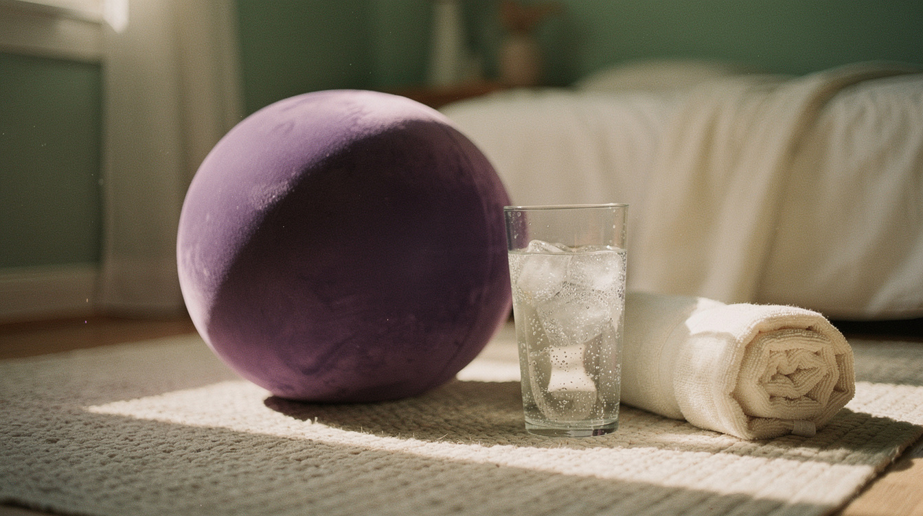 A large purple birth ball resting on a bedroom rug beside a tall glass of ice water beaded with condensation and a rolled-up warm compress towel, late-afternoon light through a window