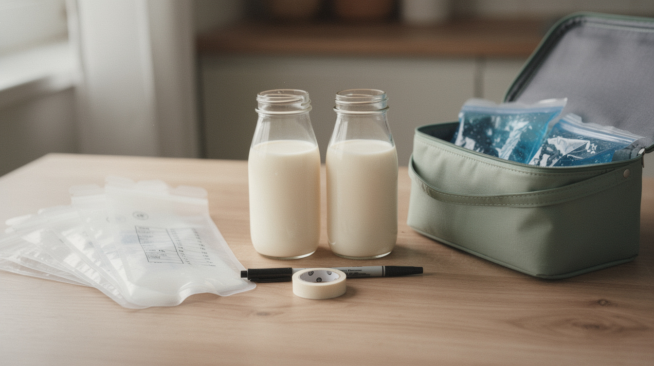 Two small glass milk storage bottles about a third full of expressed breast milk on a light wood kitchen counter, beside a fanned-out stack of flat plastic breast milk storage bags with measurement lines, a black marker and a roll of masking tape ready for labeling dates, next to an open soft-sided insulated cooler with two blue gel ice packs tucked inside.