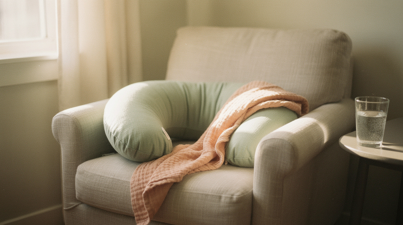 A nursing pillow and a folded muslin cloth on a cozy linen armchair beside a glass of water, warm afternoon light