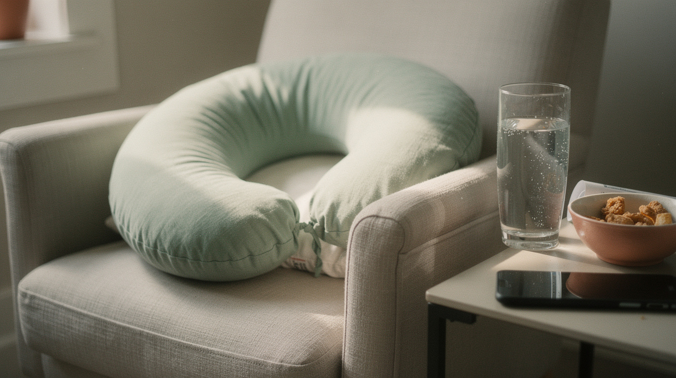 A nursing pillow and a folded muslin cloth on a cozy linen armchair beside a glass of water, warm afternoon light