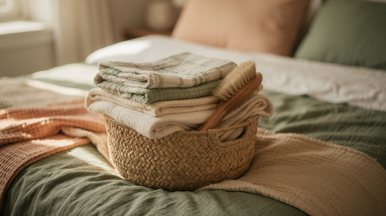 Folded muslin swaddle blankets and a soft baby brush in a woven basket on a made bed
