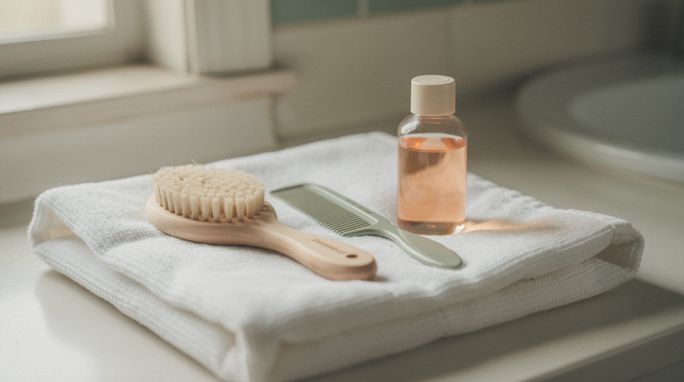 Folded muslin swaddle blankets and a soft baby brush in a woven basket on a made bed