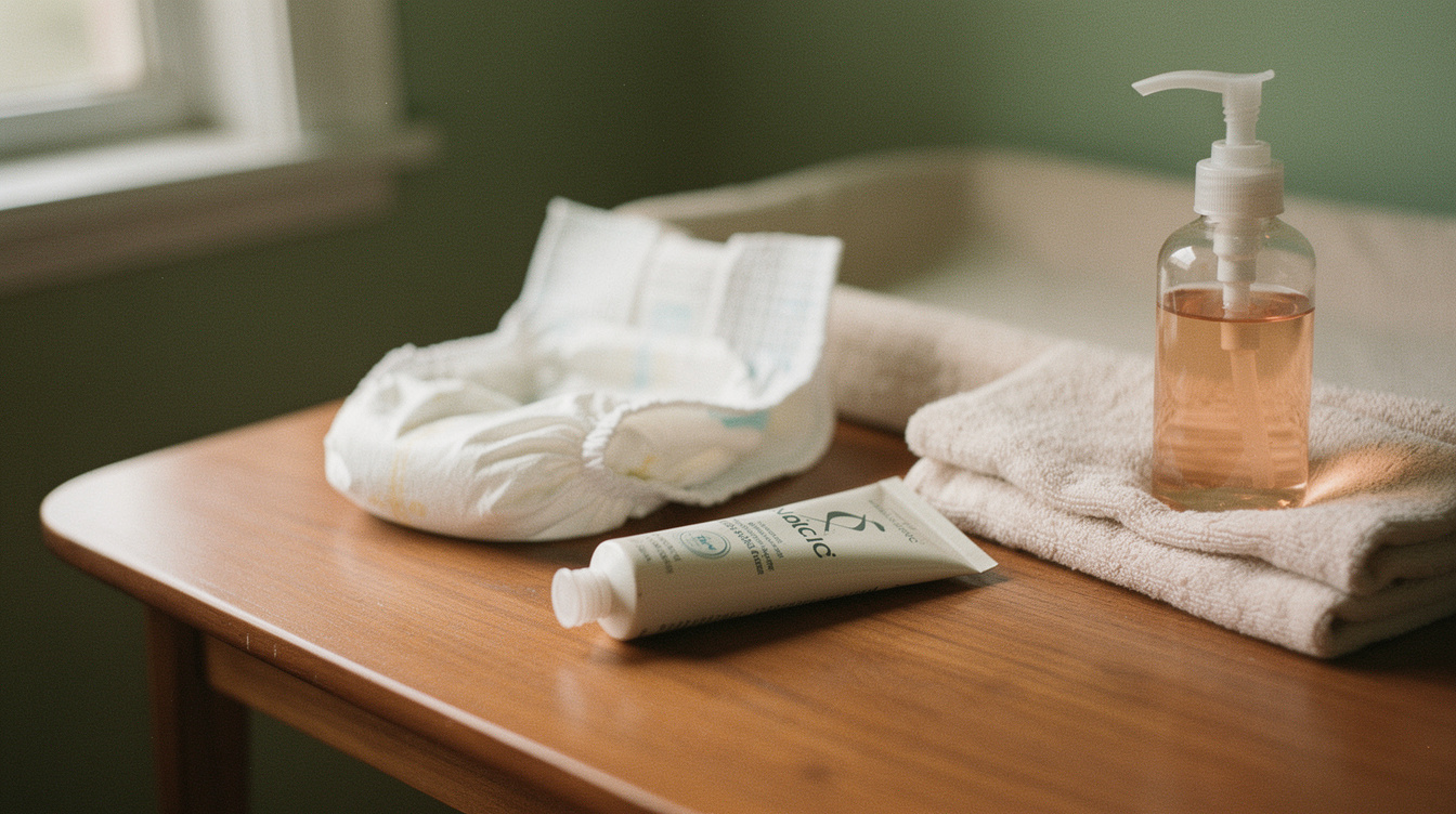 A tube of zinc-oxide diaper cream lying beside an open clean diaper, a soft folded washcloth, and a small squirt bottle of warm water on a wooden changing table in soft daylight