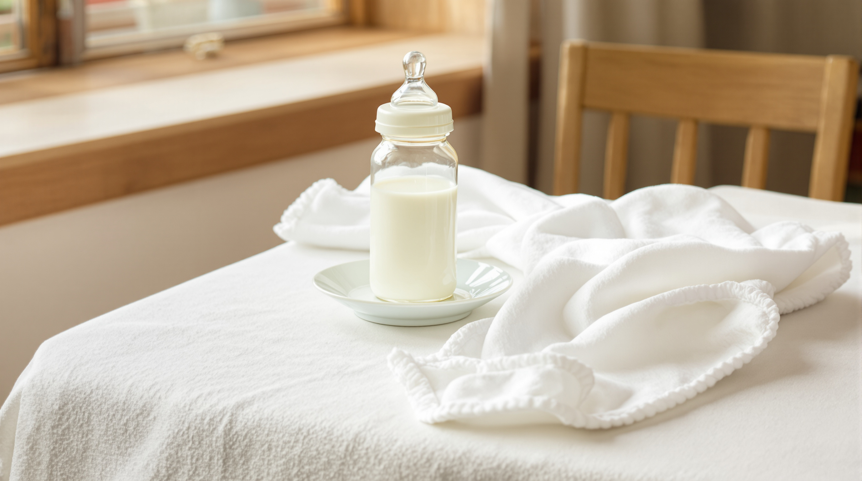 A small bottle of milk on a saucer beside a folded burp cloth in soft light