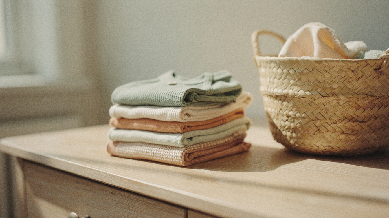 A stack of tiny folded baby clothes and a woven basket on a sunlit dresser