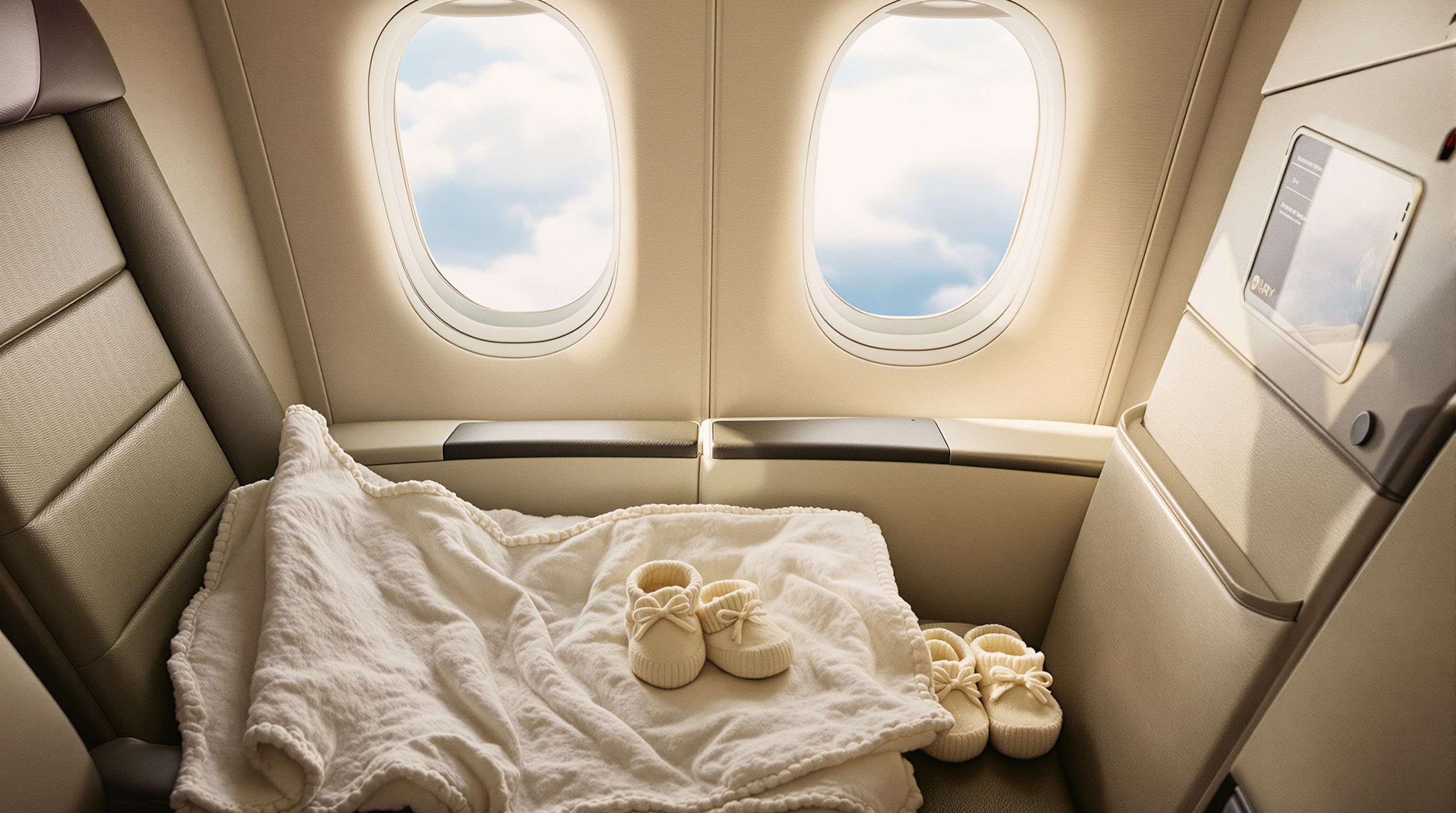 An airplane window seat with a folded baby blanket and knit booties