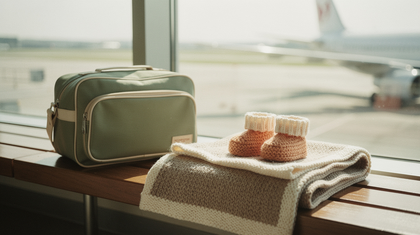 A small travel bag, a folded baby blanket and knit booties on a bench beside a large airport window