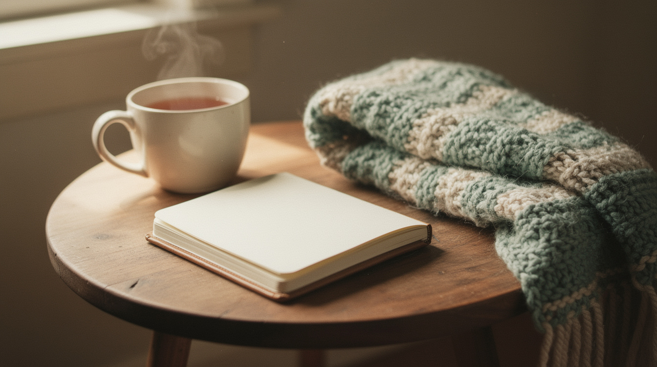 A cup of tea, a folded knit blanket and a small open notebook on a side table in gentle morning light
