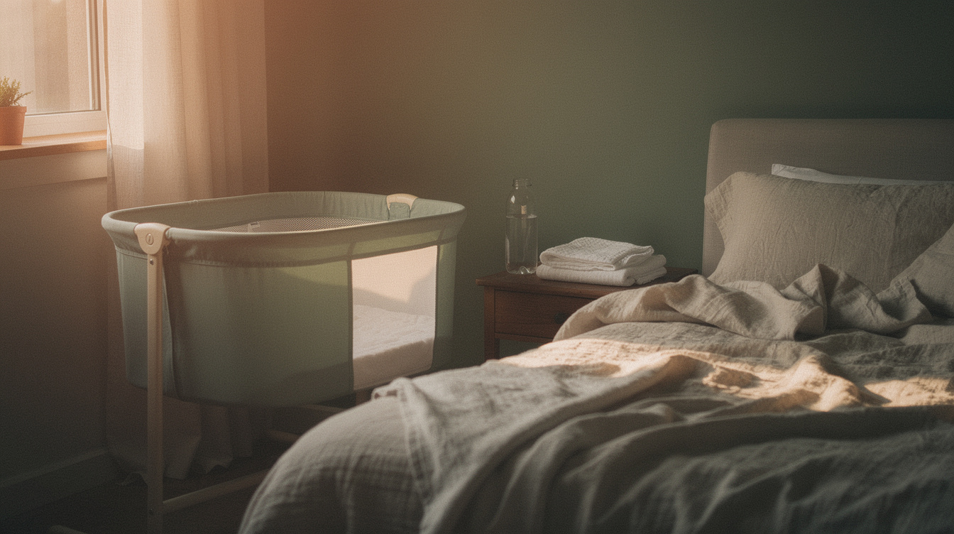 A cup of tea, a folded knit blanket and a small open notebook on a side table in gentle morning light