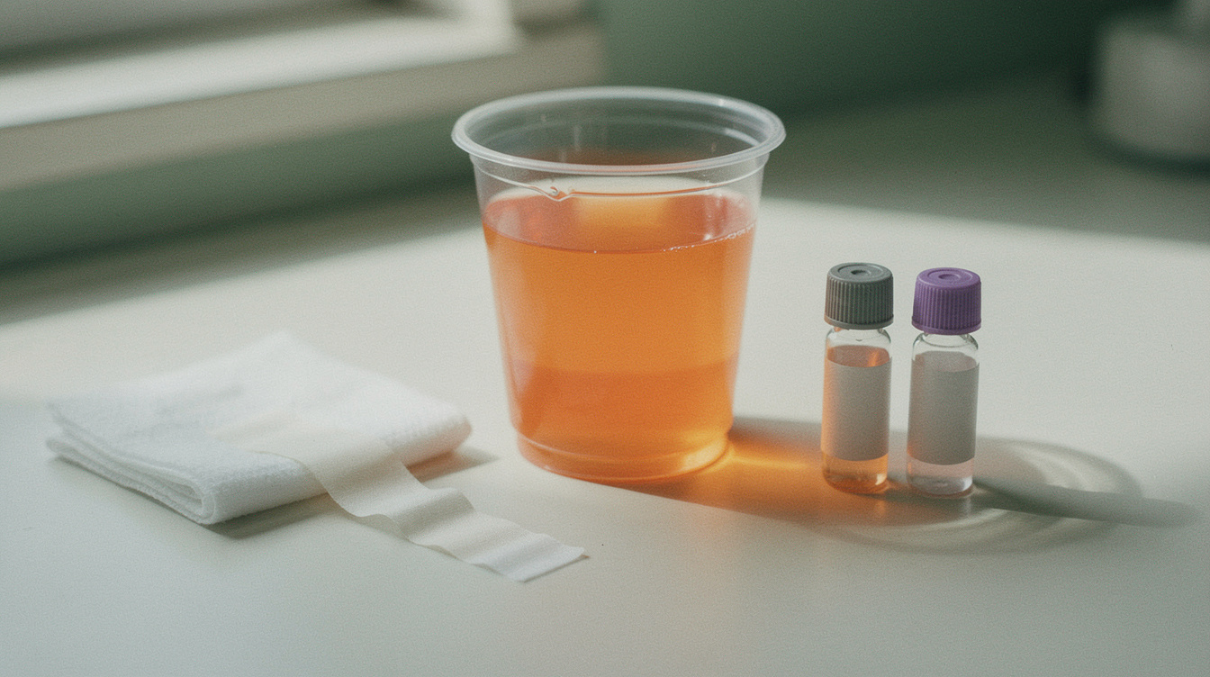 A clear plastic cup of bright orange glucose drink, still half full, standing on a pale clinic counter beside a folded square of gauze, a strip of medical tape, and two small unlabeled blood-draw vials with gray and lavender rubber caps, in cool daylight