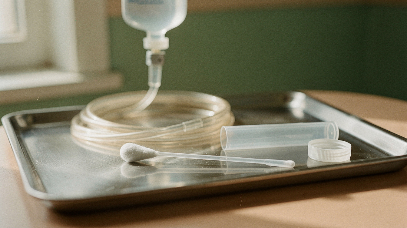 A sterile cotton-tipped swab lying beside its open plastic transport tube on a stainless steel clinic tray, with a clear IV fluid bag and neatly coiled IV tubing behind them in cool daylight