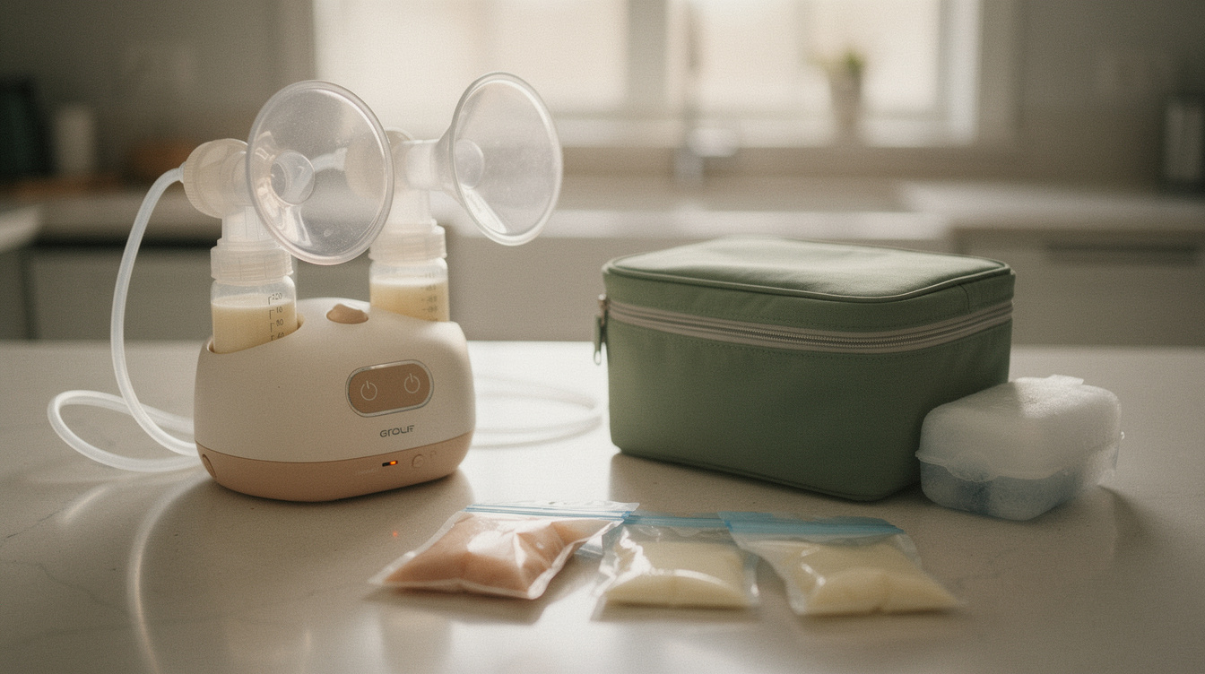 A double electric breast pump with its two flanges and clear tubing on a kitchen counter, beside three dated breast milk storage bags lying flat and a small insulated cooler with an ice pack, morning light