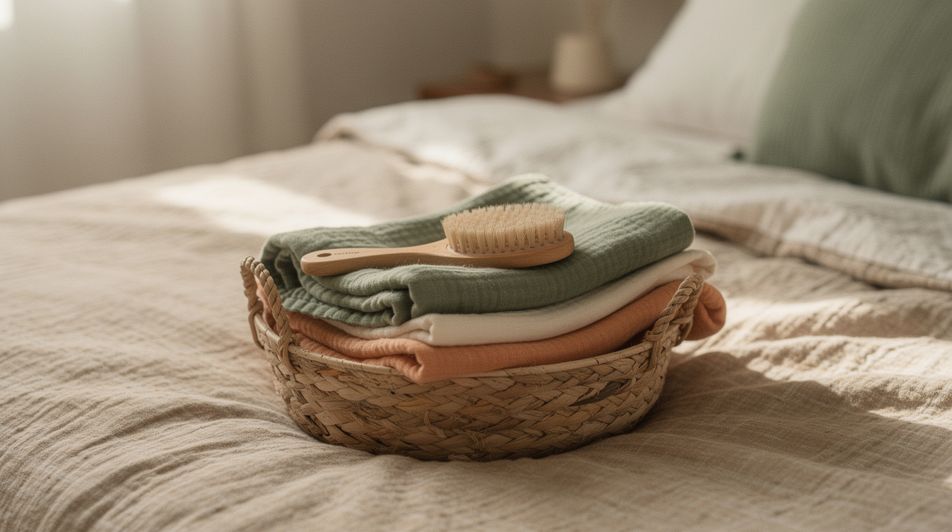 Folded muslin swaddle blankets and a soft baby brush in a woven basket on a made bed