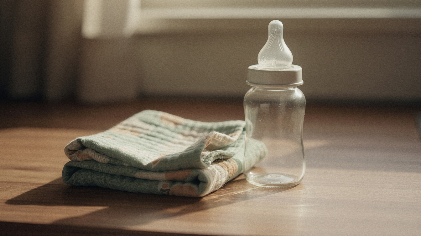 A clean glass baby bottle and a folded muslin cloth on a wooden kitchen counter in morning light