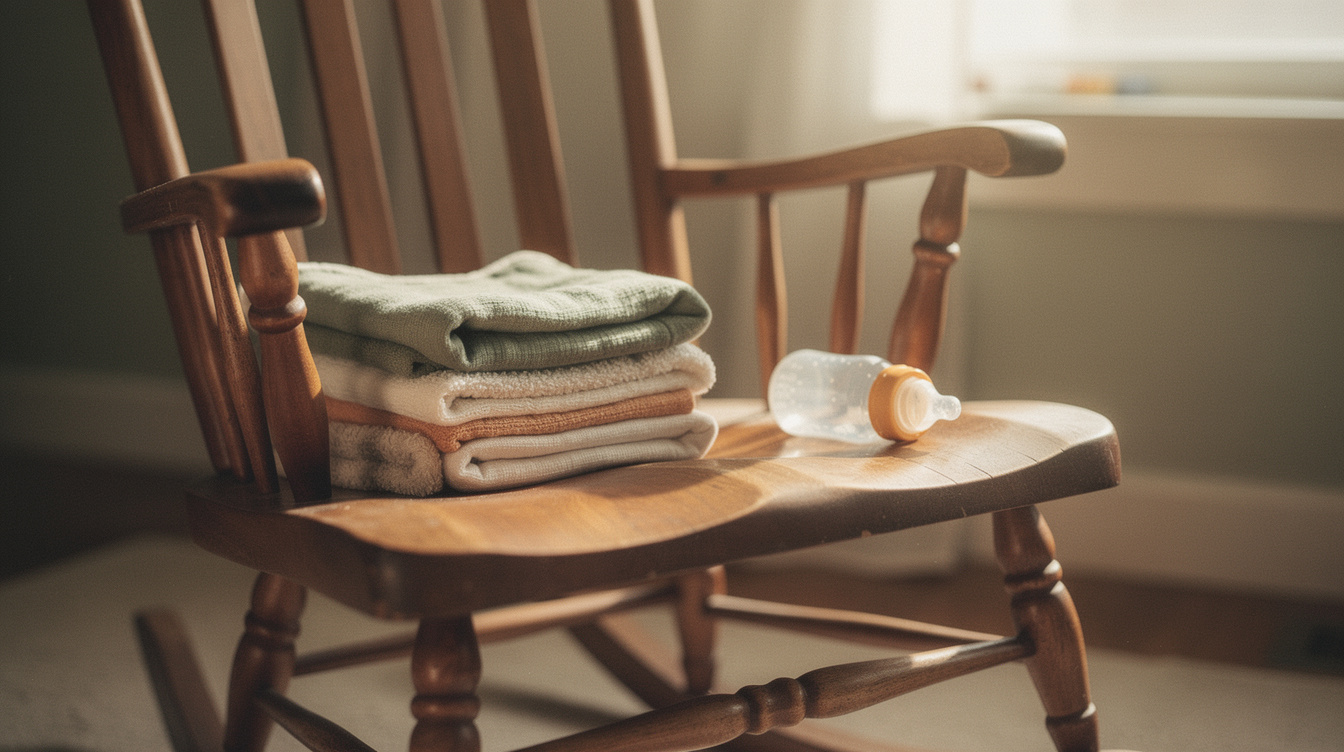 A clean glass baby bottle and a folded muslin cloth on a wooden kitchen counter in morning light