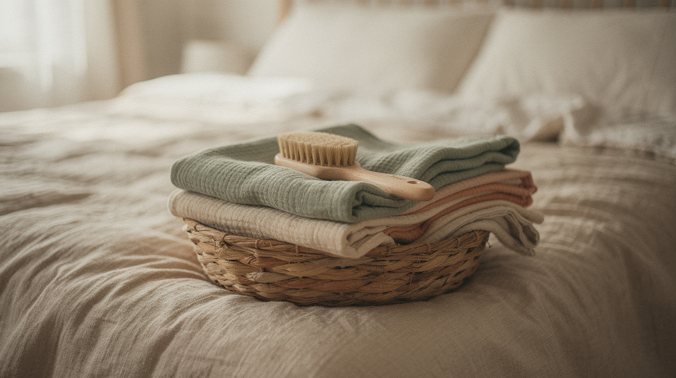 Folded muslin swaddle blankets and a soft baby brush in a woven basket on a made bed