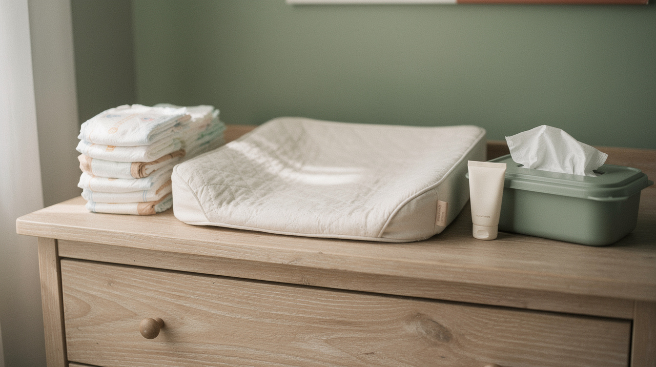 Folded muslin swaddle blankets and a soft baby brush in a woven basket on a made bed
