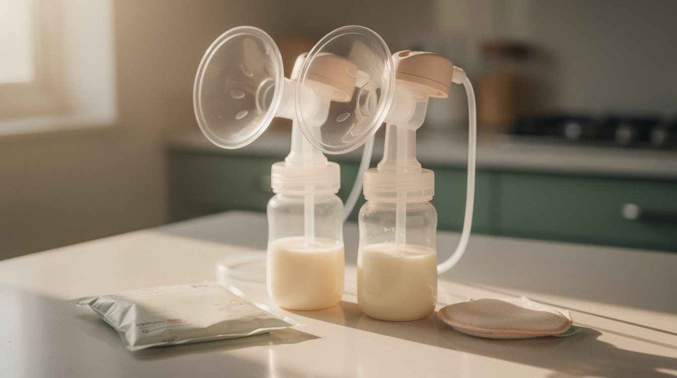 A double electric breast pump on a kitchen counter with both flanges and tubes attached to two collection bottles part-filled with breast milk, a flat milk storage bag and a round nursing pad lying beside them in early morning light