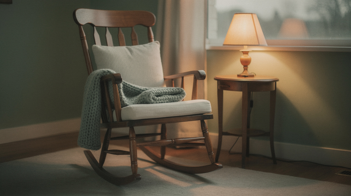 A rocking chair with a folded knit throw beside a warm glowing lamp in the evening