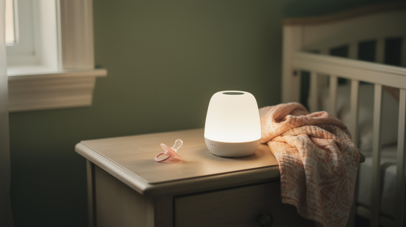 A rocking chair with a folded knit throw beside a warm glowing lamp in the evening