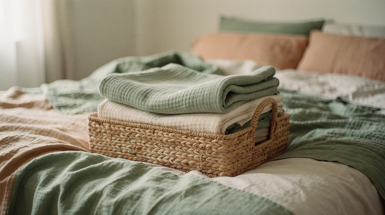 Folded muslin swaddle blankets neatly stacked in a woven basket on a made bed in soft daylight