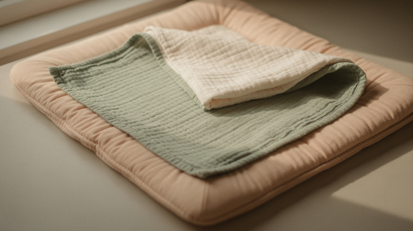 Folded muslin swaddle blankets neatly stacked in a woven basket on a made bed in soft daylight