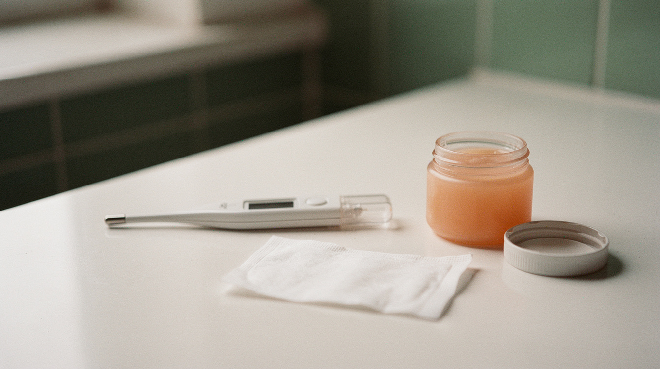 A digital rectal thermometer lying beside its clear plastic probe cover, a small unlabeled jar of petroleum jelly with the lid off, and a single folded alcohol wipe on a white bathroom counter in soft daylight