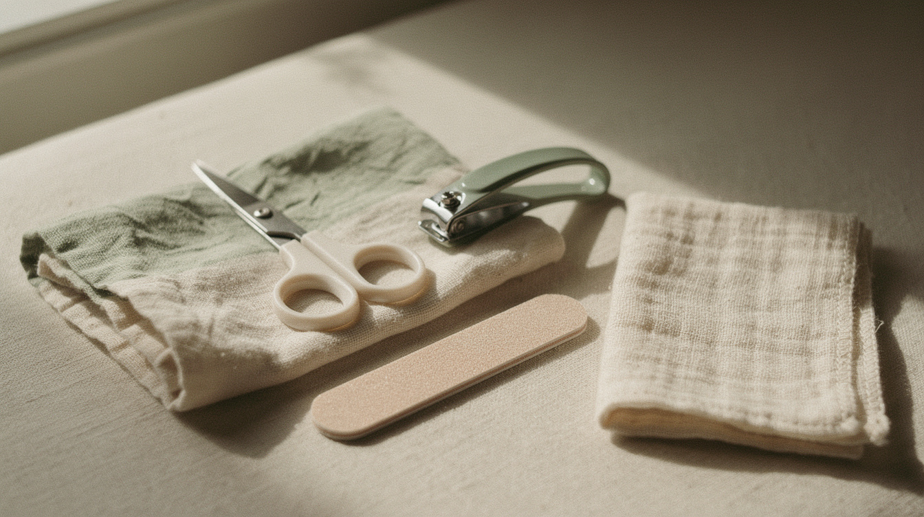 A pair of baby nail scissors with rounded tips, a curved baby nail clipper, and a small emery board arranged on a folded muslin cloth beside a cotton gauze square in soft window light