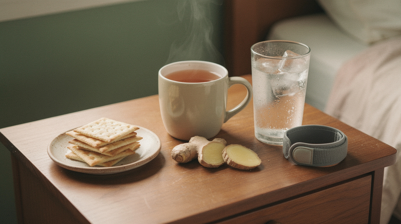 A nightstand still life in early morning light: a small plate of plain saltine crackers, a mug of ginger tea with two slices of fresh ginger root resting beside it, a tall glass of ice water with condensation, and a gray acupressure wrist band, with no packaging or labels anywhere.