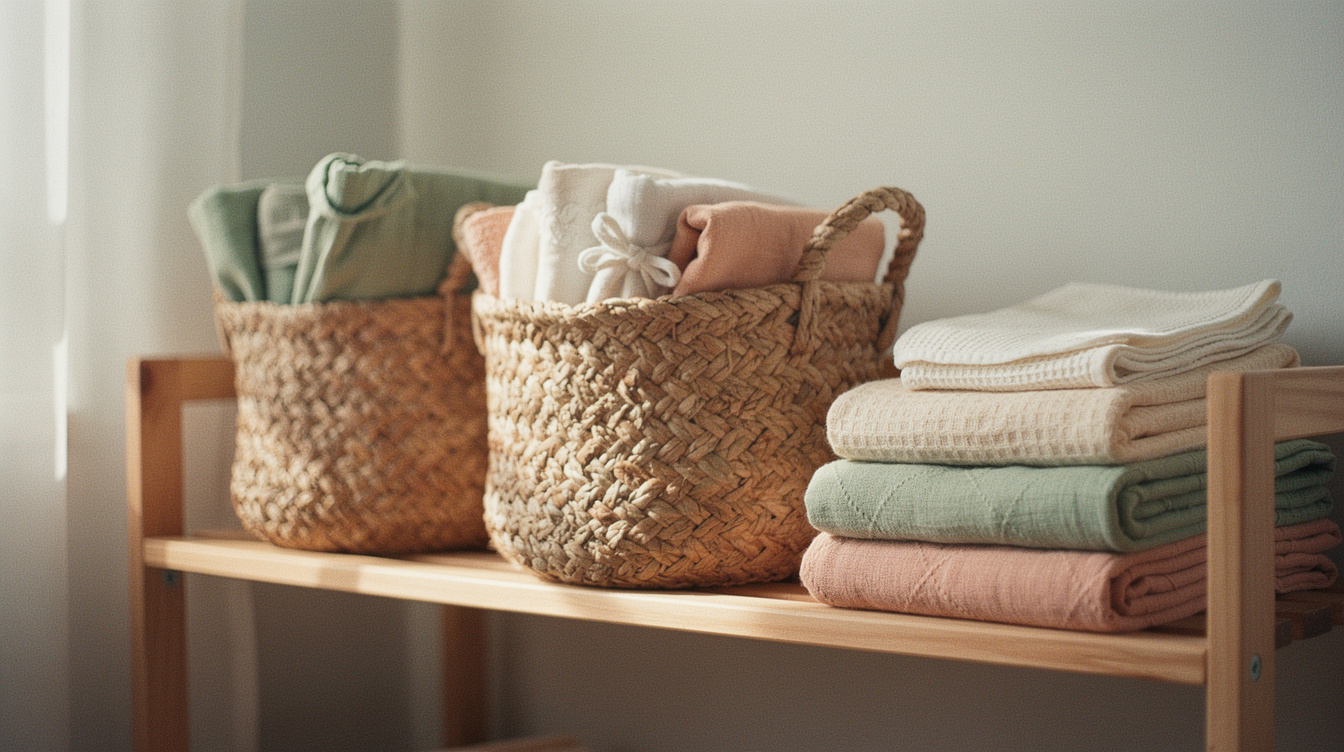 Woven baskets of neatly folded baby linens on a sunlit nursery shelf