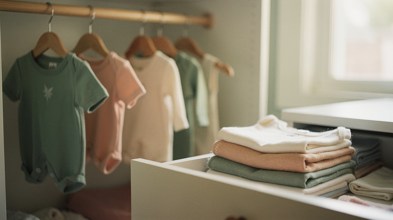 Woven baskets of neatly folded baby linens on a sunlit nursery shelf