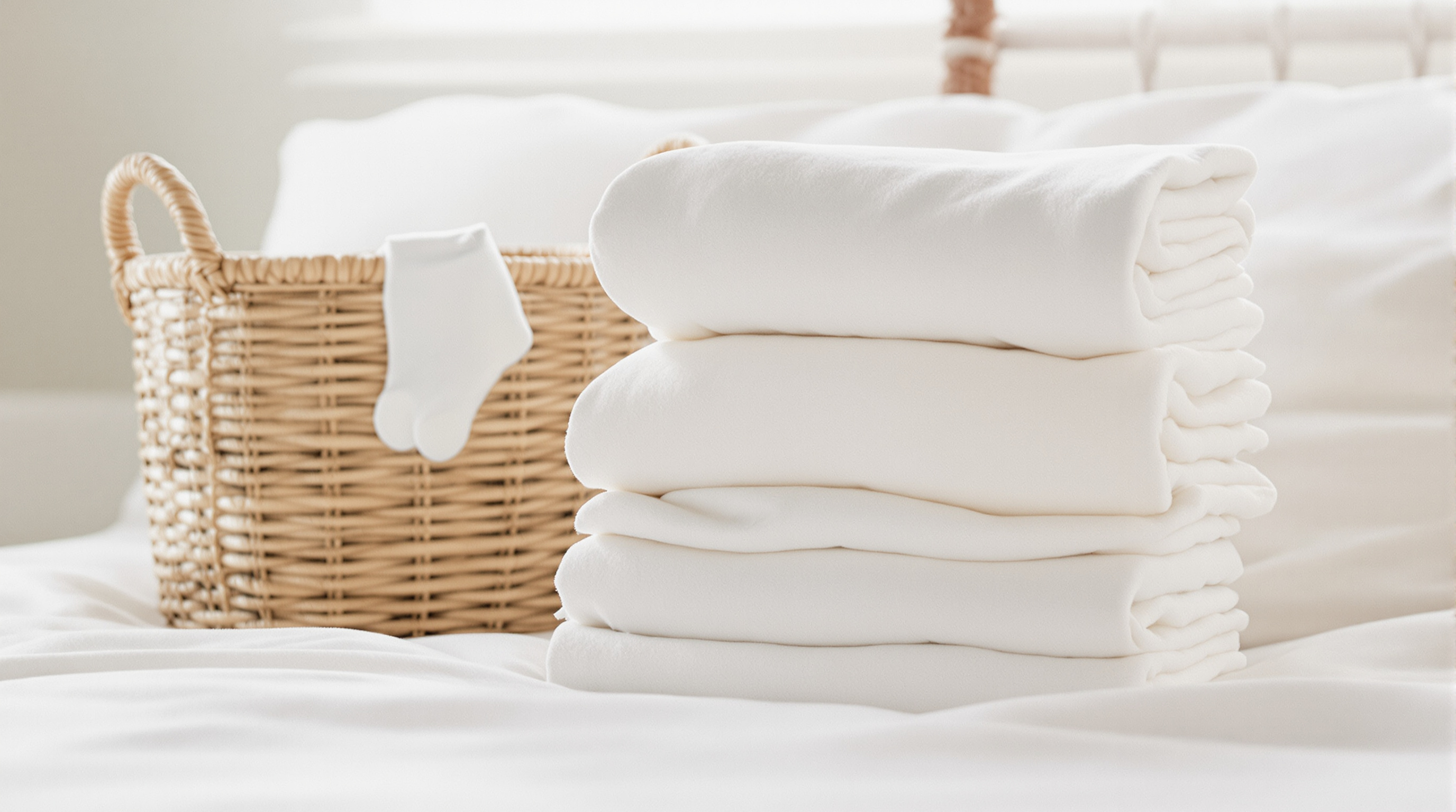 Tiny baby onesies on small hangers laid out on a made bed