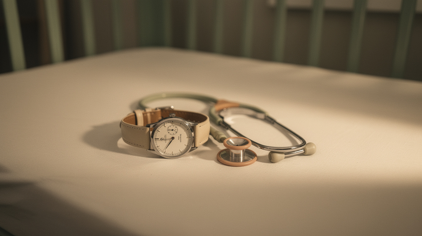 An analog wristwatch with a visible second hand and a small pediatric stethoscope resting on the bare, tightly fitted sheet of an otherwise empty crib, lit by the warm glow of a dim nightlight.
