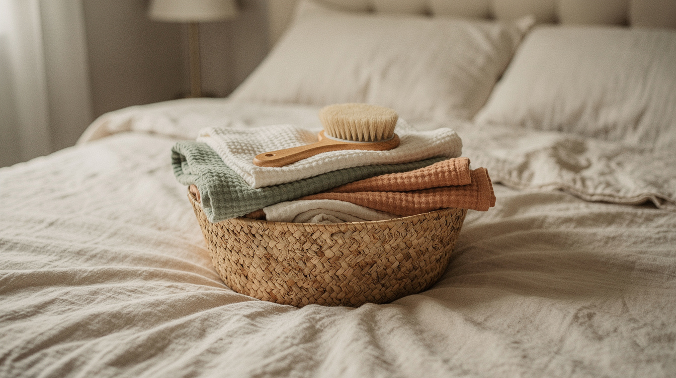 Folded muslin swaddle blankets and a soft baby brush in a woven basket on a made bed