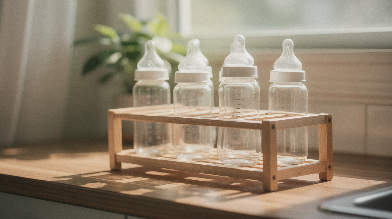 Several clean glass baby bottles drying on a wooden rack by a sunny kitchen window