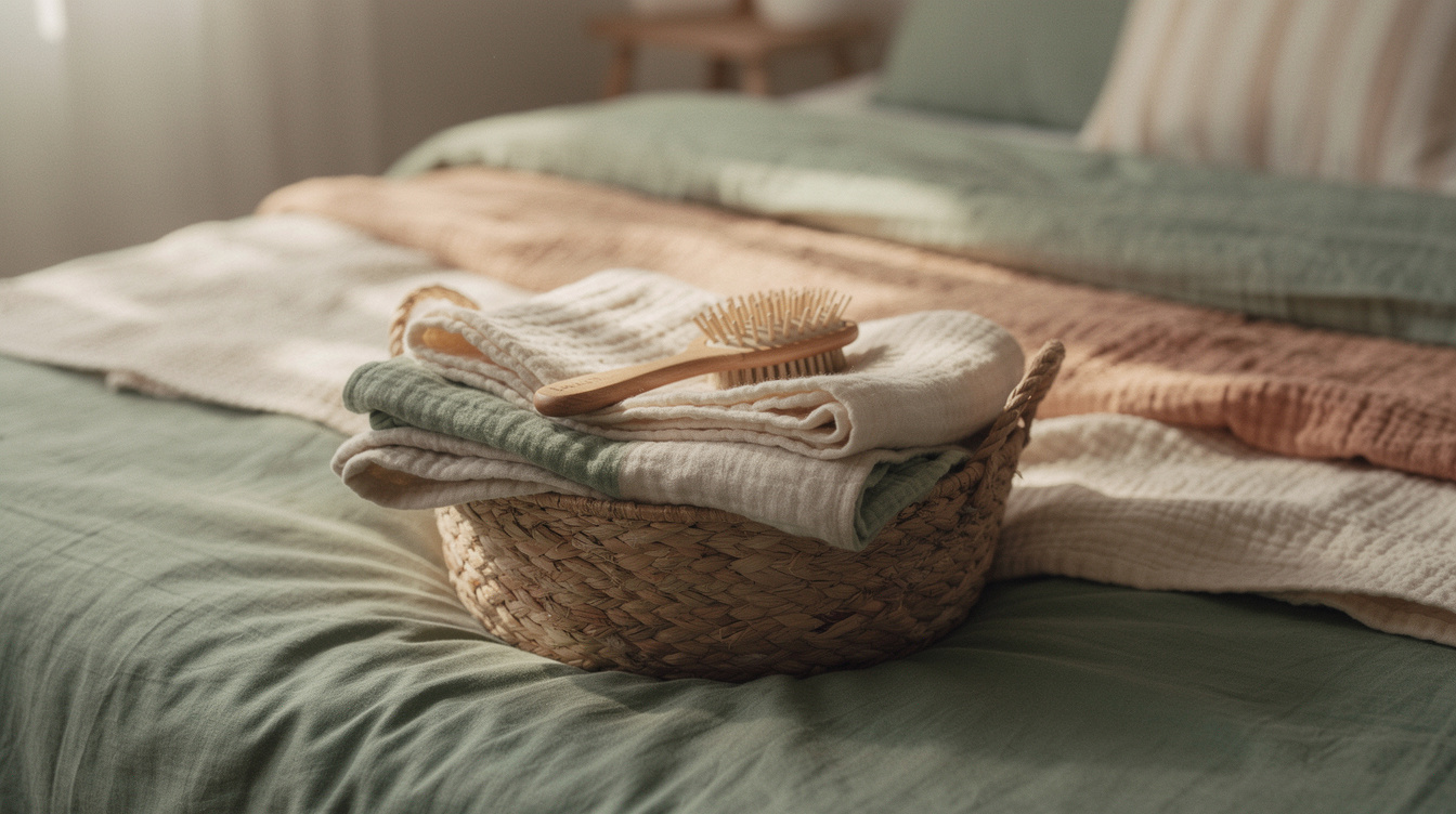 Folded muslin swaddle blankets and a soft baby brush in a woven basket on a made bed