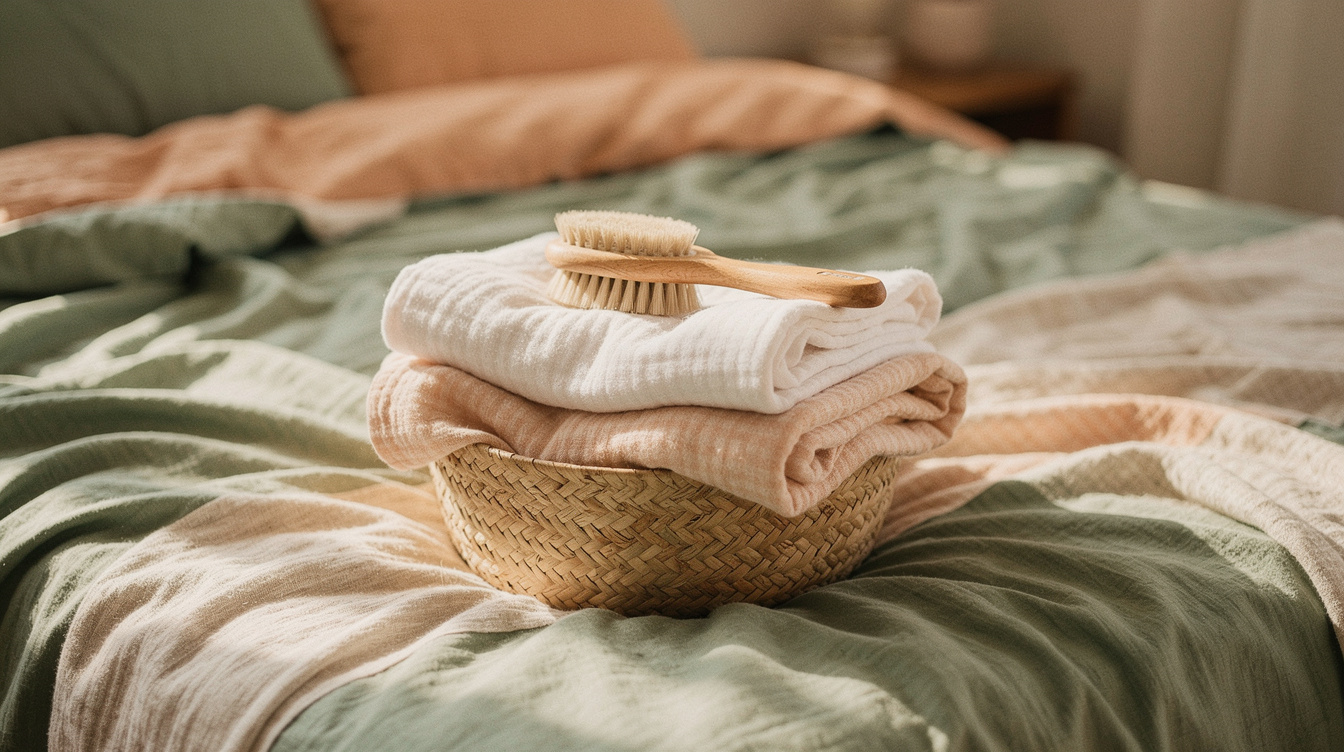 Folded muslin swaddle blankets and a soft baby brush in a woven basket on a made bed