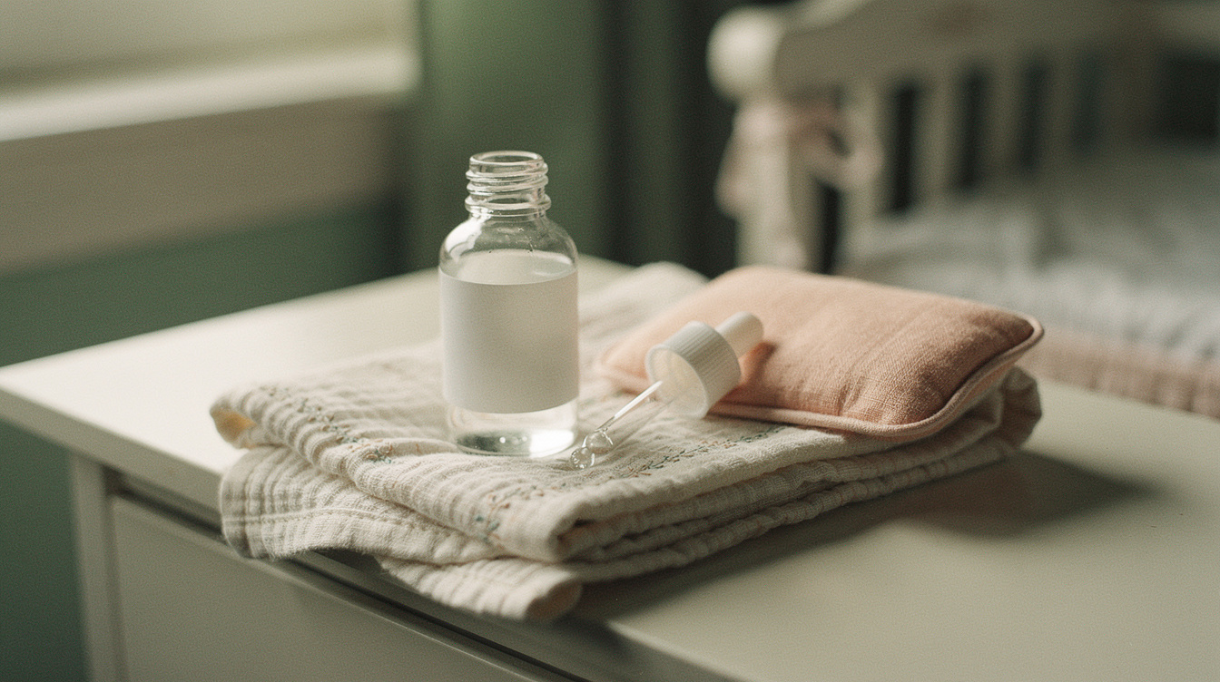 Folded muslin swaddle blankets and a soft baby brush in a woven basket on a made bed