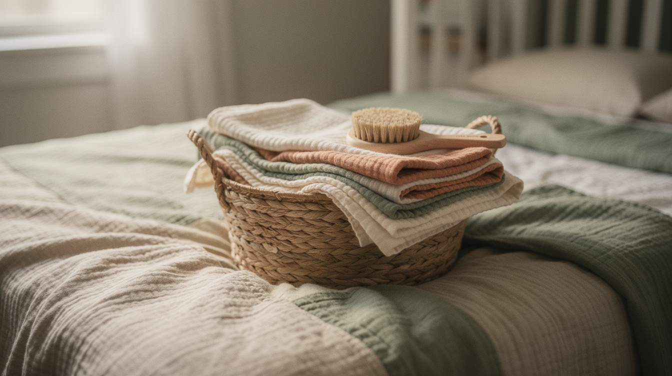 Folded muslin swaddle blankets and a soft baby brush in a woven basket on a made bed