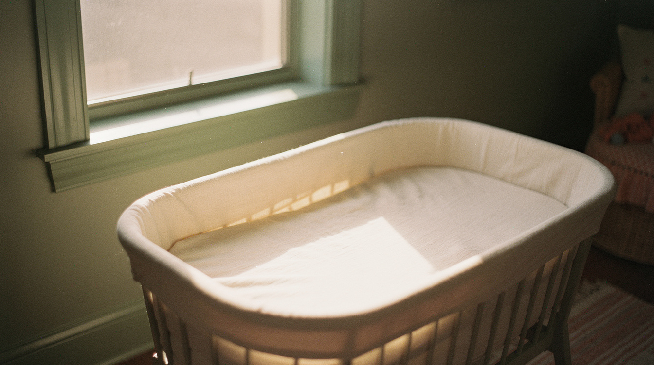 Folded muslin swaddle blankets and a soft baby brush in a woven basket on a made bed