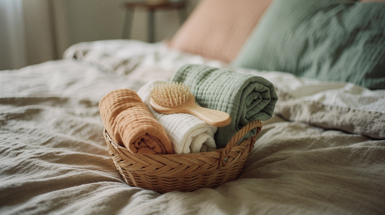Folded muslin swaddle blankets and a soft baby brush in a woven basket on a made bed