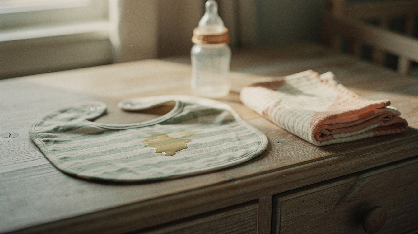 A striped cotton bib laid flat on a wooden nursery dresser with a small drying spit-up stain, a folded muslin burp cloth beside it, and an upright 4oz baby bottle behind them in warm window light.