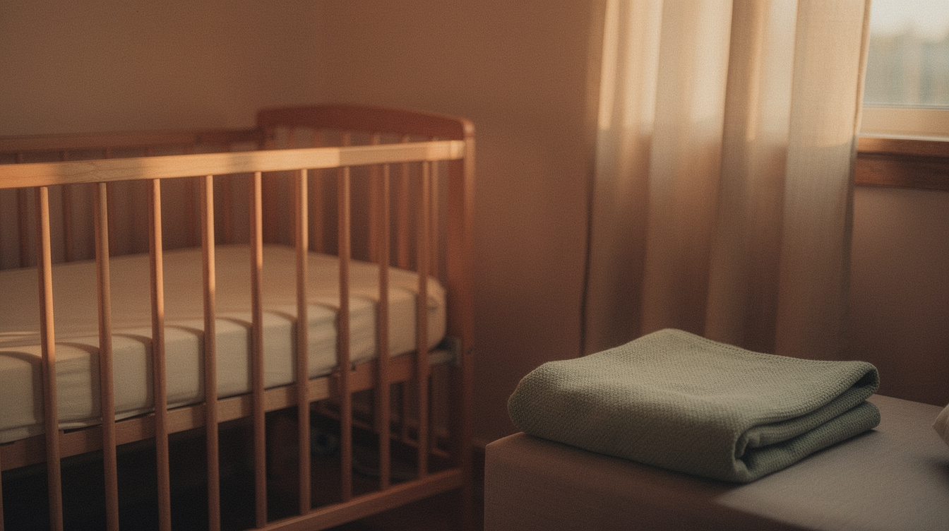 An empty wooden crib with a fitted sheet and a soft folded blanket beside a curtained window at dusk