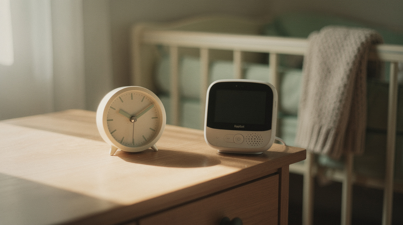 An empty wooden crib with a fitted sheet and a soft folded blanket beside a curtained window at dusk