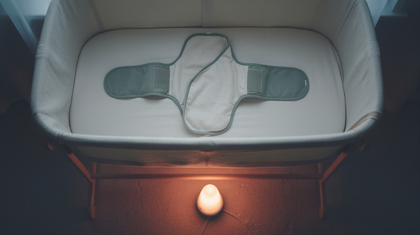 An unfastened Velcro swaddle wrap lying open with both wings spread flat across the bare fitted sheet of an empty bassinet, a plug-in nightlight glowing at floor level below it, in the blue half-light before dawn
