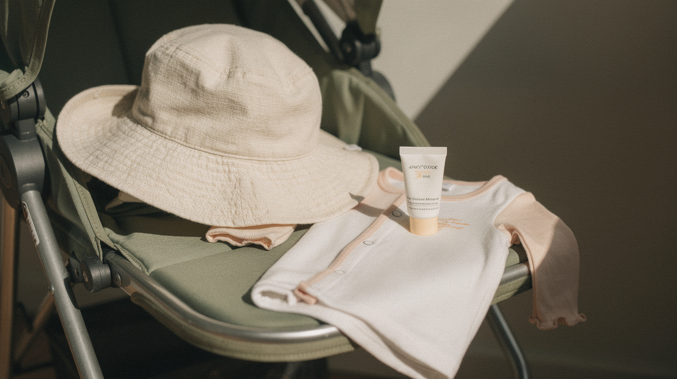A wide-brimmed cotton baby sun hat resting on an open stroller canopy, beside a small unlabeled white tube of zinc-oxide mineral sunscreen and a folded lightweight long-sleeved baby cover-up, in bright midday sunlight with a hard shadow cutting across one corner