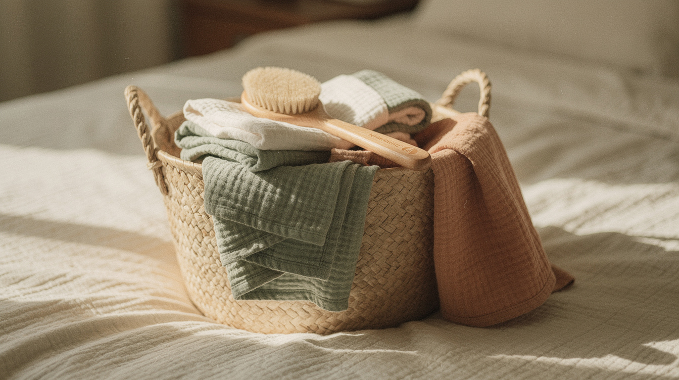 Folded muslin swaddle blankets and a soft baby brush in a woven basket on a made bed